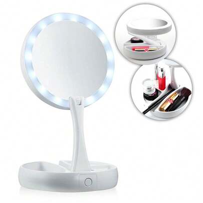 Espelho com Led De Mesa Com Aumento 10x Led luz Dobrável Para Maquiagem