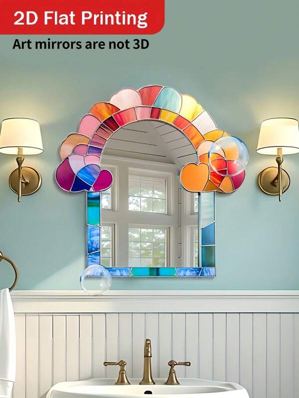 2D Printed, 1pc, Bohemian Style/Creative Colorful Wall Mirror Wall Sticker, Rainbow Arch Wall Mirror, Rainbow Cloud Art Mirror, Rainbow Art Wall Sticker, Ocean Theme Geometric Art Wall Sticker, Self-Adhesive Irregular Matte Surface, Wavy Decorative Mirror - Abstract Fashion Art Mirror, Jacquard Design, Patio Decor, Wall Decor | Home Decor | Outdoor Garden Decor