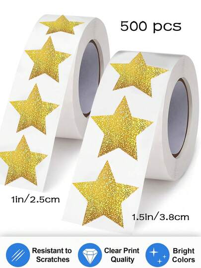 500pcs/Roll Holographic Gold Pentagram Stickers, 1 Inch, 1.5 Inch, Pentagram Stickers Roll, Gift DIY Decoration Sealing Stickers, Envelope Sealing Stickers, PVC Waterproof Labels, Holographic Star Stickers, Colorful Shiny Star Packaging Stickers