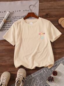 女童简约日出图案套头圆领T恤，休闲夏秋新款少女服装 - 杏色 - 查看 4