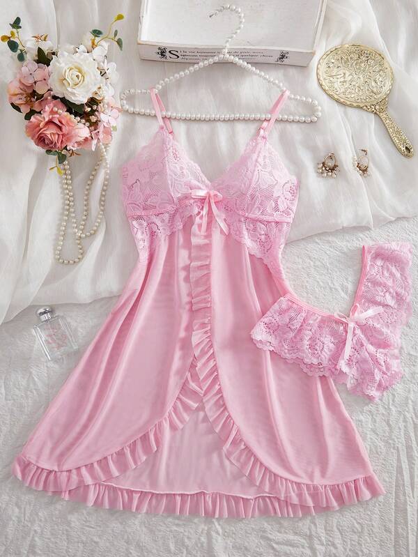 2pcs Set Women Sexy Lace Lingerie Sleepwear Set, For Homewear For Going Out