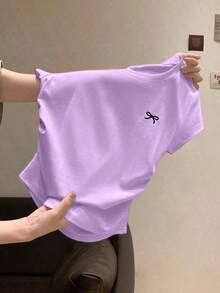Girls' Bow Embroidery T-Shirt, Pleated Waist Fitted Round Neck Casual Versatile Top, Suitable For Older Tween Girl - Mauve Purple - View 4