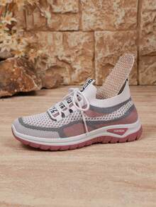 女士休闲轻便透气网眼运动鞋，舒适系带跑步鞋，带随机印花 - 粉色 - 查看 8