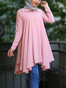 优雅女士粉色束腰上衣，端庄长袖衬衫领衬衫，正面纽扣，下摆不对称