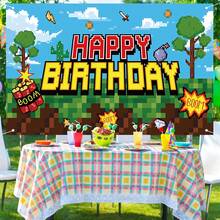 像素生日派对装饰采矿视频游戏背景矿工主题摄影背景横幅用于矿山生日派对装饰用品回礼 - 彩色 - 查看 6