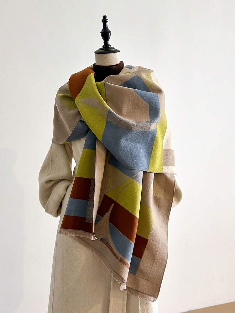 1条简约猫咪图案提花仿羊绒保暖围巾，适合空调房使用，时尚百搭，秋冬季女士围巾，可搭配连衣裙 - 彩色 - 查看 5