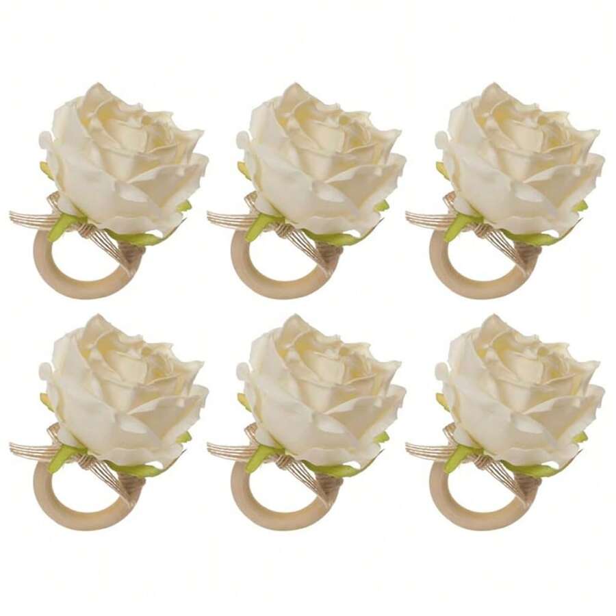 6pcs/Set Elegant Fresh Mori Simulation Rose Napkin Rings Twine Napkin Rings, Suitable For Weddings, Birthday Parties, Graduation, Christmas, Daily Table Decorations, Etc. - 乳白色 - 查看 1