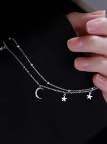 1 件甜美森系双层星星和月亮手链，设计精致 - 復古銀色 - 查看 3