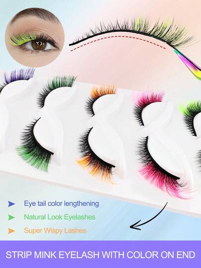 5 Pairs Colorful 3D False Eyelashes, C-Curl Fluffy Faux Mink Lashes, Rich Colors, Thick & Natural, Suitable For Daily, Party, Holiday, Stage Makeup, Strip Eyelashes, Eyelashes, False Eyelashes,Halloween