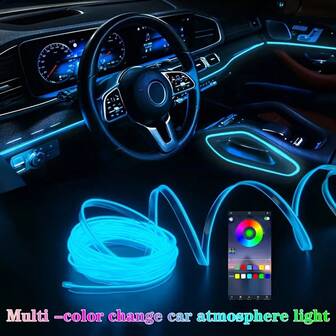 1 件全新无噪音汽车内部氛围灯，智能手机应用程序控制 EL 发光线隐藏式 LED 灯，无需接线
