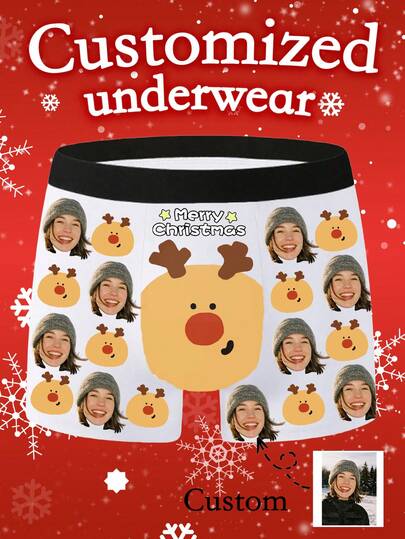 1pc Personalized Men's Black Underwear, Customizable Photo, Comfortable & Breathable, Unique Birthday, Christmas, Valentine's Day, Anniversary Gift For Boyfriend