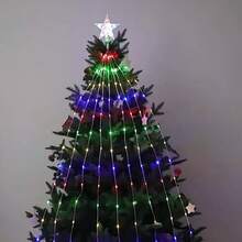 1pc, Sparkling Christmas 200LED Pentagram Outdoor String Light – USB Powered, 8 Modes For Home, Kitchen, Room, Courtyard, Christmas Tree, Festive Decoration&Gift! Romantic Dreamy Fairy Light Waterfall Lamp For Xmas(Battery Not Included) Home Decor Christmas Decorations Room Decor Winter