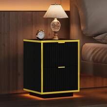 Nightstand With LED Lights, Morden Night Stand With Gold Frame, Fluted Nightstand With Drawers, Bedside Table With Storage, Side Table For Bedroom, Black/ White - 黑色 - 查看 4