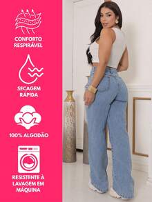 Stillger Moda Jeans Kit 2 Women's Wide Leg Jeans Pants High Waist Stillger - 中等水洗藍 - 查看 6