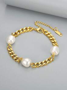 MONALLY 18K 镀金不锈钢首饰 1 件奢华优雅仿珍珠金球心形吊坠链手链 适合女性 教师母亲节礼物 适合日常通勤 情人节、妈妈、母亲、母亲节、礼物 - 珍珠手鍊 - 查看 18