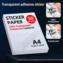 50pcs A4 Size Transparent PET Self-Adhesive Sticker Paper, 8.28 X 11.69 Inches, Waterproof And Printable, Suitable For Inkjet/Laser Printer - Ideal For DIY Projects And Decals
