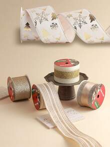 1pc Champagne Christmas Woven Ribbon, Christmas Decor DIY Bow Ribbon, Christmas Gift Wrapping - Multicolor - View 4