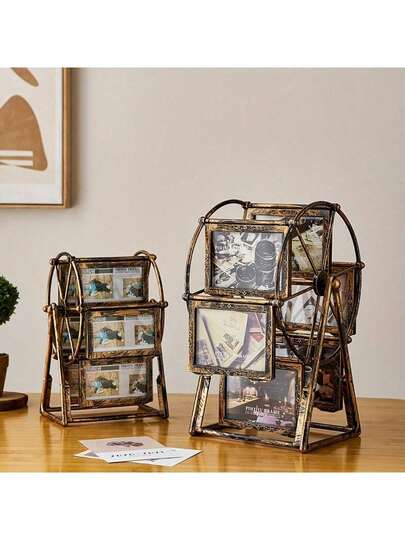 1pc Creative Retro Rotating Ferris Wheel Photo Frame - 4"/5" Personalized Family Picture Frame, Holds 12 Photos, Requires Self-Assembly, Includes ABS Plastic Frame And Random Pattern Inserts - Birthday Gift, Home Decor, Office Desk Accessory, Valentine's Day Surprise, Easter Memorabilia, Living Room Decoration, Family Memory Keepsake