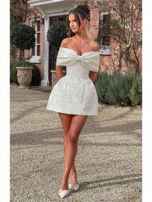 Summer Sweet Slim Jacquard Chest Tie Bow Jumpsuit Short Skirt One-Shoulder - White - View 5