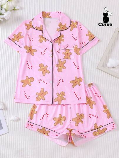 2 件圣诞拐杖糖和可爱图案印花女士睡衣套装，加大码 - 柔软短袖衬衫，有领和纽扣，松紧腰宽松短裤，可爱时尚的日常装扮，节日派对，休闲家居服