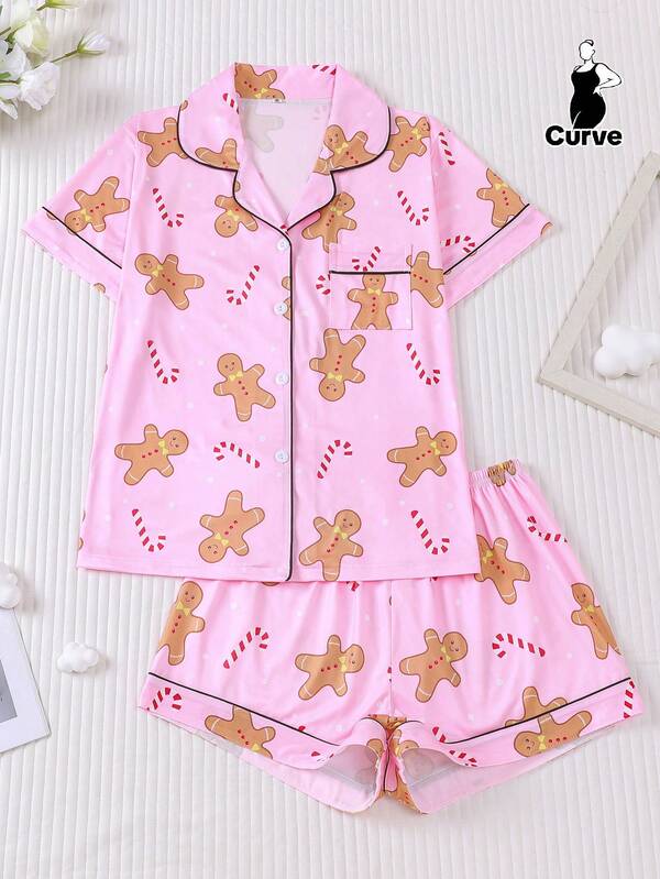 2pcs Christmas Candy Cane & Cute Figure Print Sleepwear Set For Women, Plus Size - Soft Short Sleeve Shirt With Collar & Button, Elastic Waist Loose Shorts, Lovely Stylish Outfit For Daily, Holiday Party, Casual Home Wear