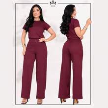 Women's Set Loose Pants Short Sleeve Blouse Elegant Casual Elegant Party Office Work Pantaloons - 酒紅色 - 查看 9