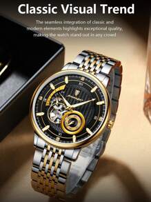 POEDAGAR 1pc Business Men's Stainless Steel Automatic Skeleton Tourbillon Mechanical Wrist Watches, Casual Man Wristwatch With Waterproof Luminous Function, Fashionl Male Watch Suitable For Daily Occasion, Gifts For Men