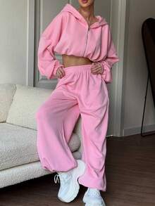 2 pezzi Set sportivo da donna, composto da top con cappuccio con zip e maniche lunghe in colore unito e pantaloni con elastico in vita e tasche, adatto per l'autunno/inverno - Rosa - Visualizzare 3