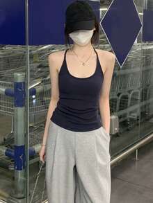 Summer Korean Style Fitted Padded Chest Versatile Backless Camisole Tank Top - Navy Blue - View 6