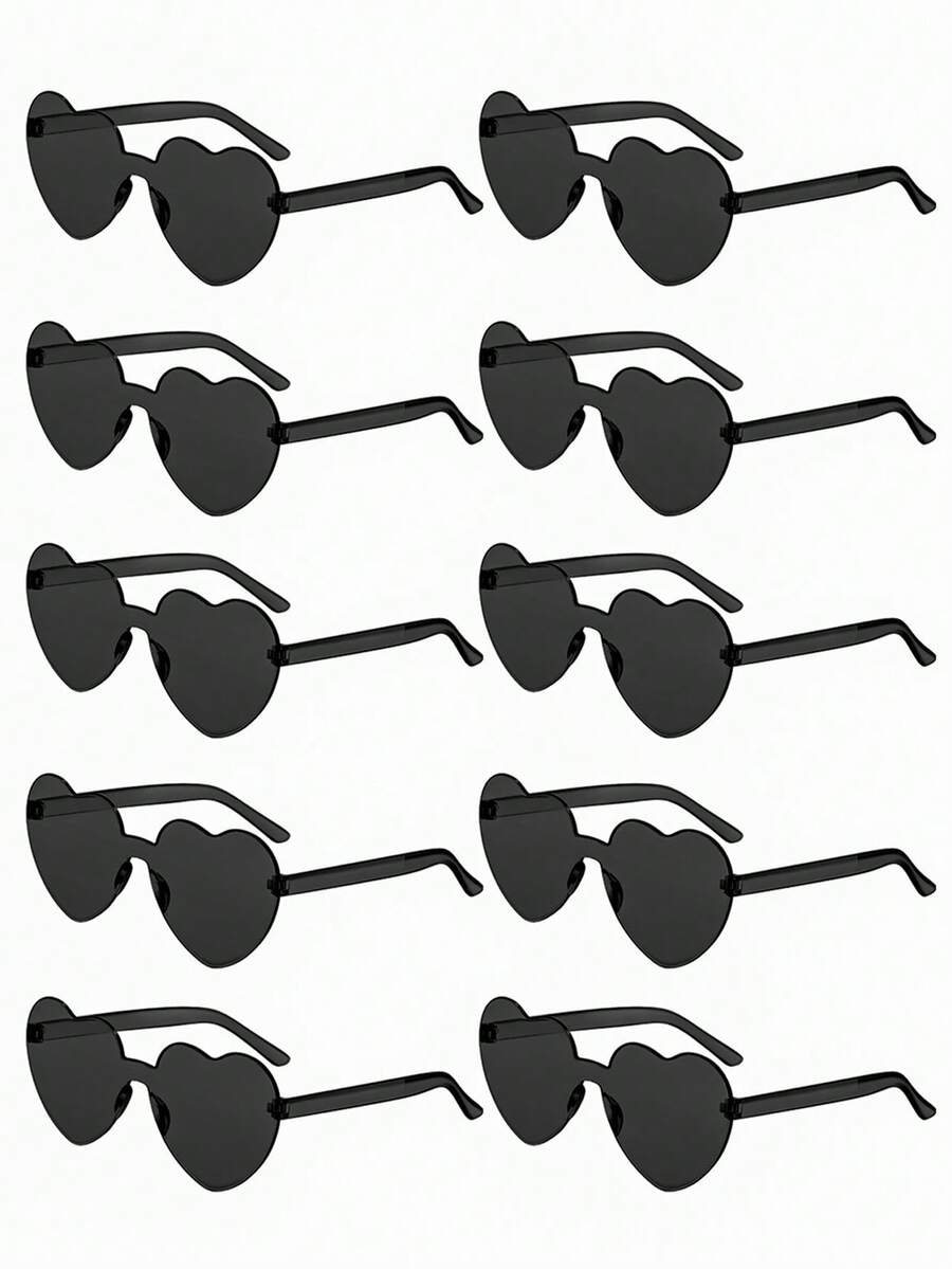 10pcs Heart Shaped Party Glasses For Women, Retro Fashion Rimless Heart Glasses, Suitable For Wedding, Party, Birthday, Bridal Shower, Fashion Accessory, Party Favors (Black) - Black - View 1