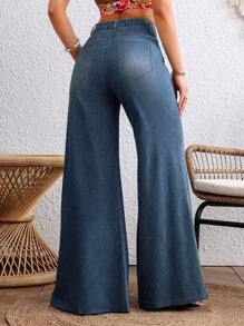 Jeans para Mujer - Pantalones De Mezclilla Sueltos, Moda Casual con Cintura Alta y Pierna Ancha - Azul - Ver 2