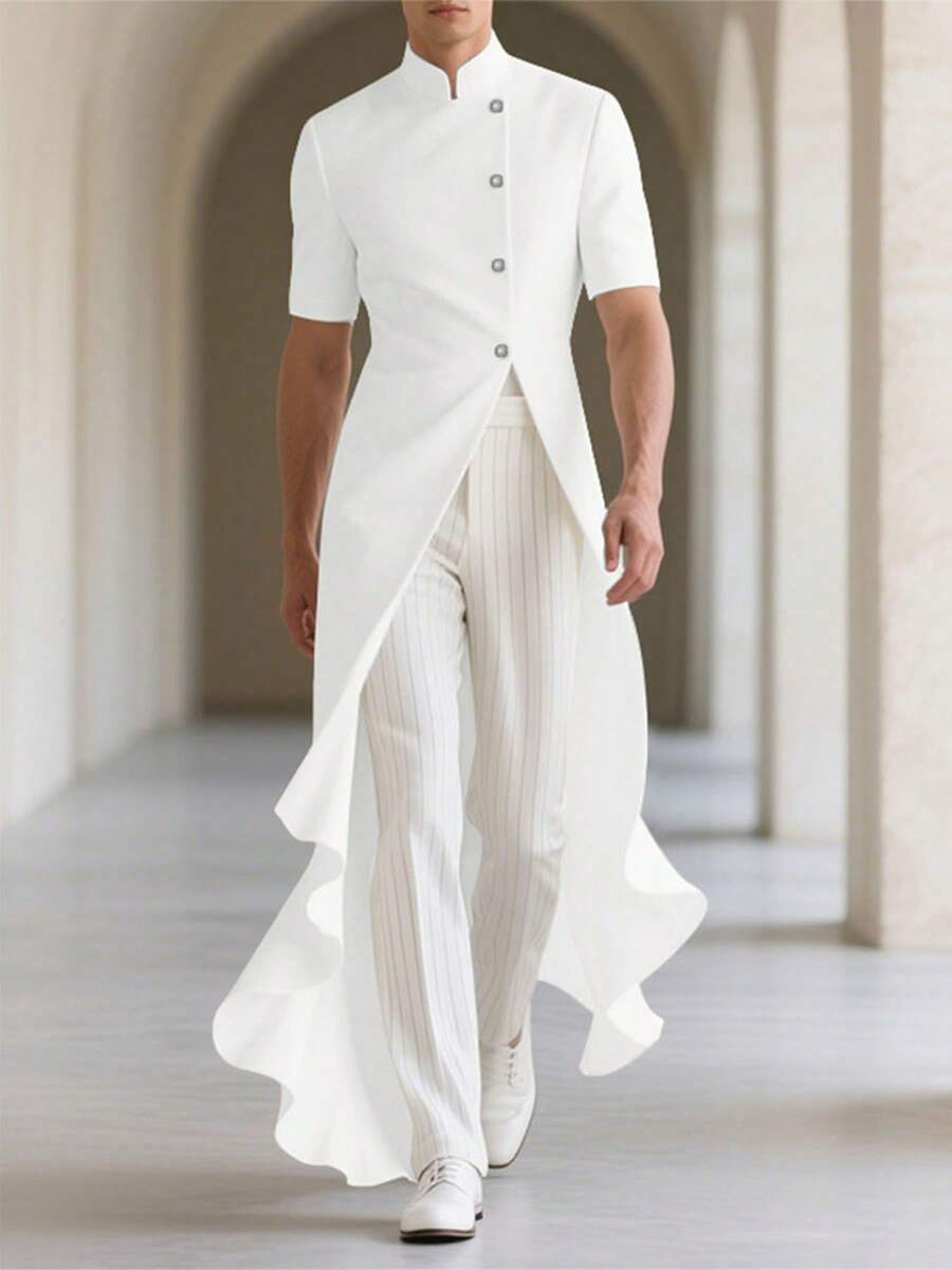 INCERUN Fashion Mens Stand Collar Button Front  Short Sleeve Ruffles Hem Blouse Holiday Casual Party Long Shirt Tops - 白色 - 查看 1