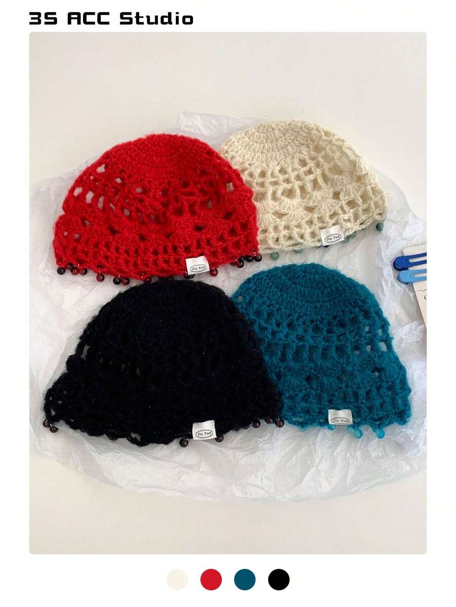 1 件混合纤维针织渔夫帽，百搭大气，增强面部瘦身纱线帽，扎染波西米亚派对优雅复古街头别致宫廷风格针织渔夫帽 - 彩色 - 查看 1