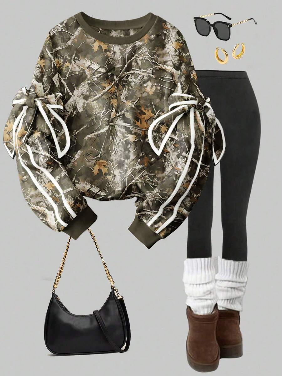 Damska bluza z dzianiny z wzorem roślinnym, luźna i wygodna, odpowiednia na jesień/zimę, na co dzień, na lotnisko