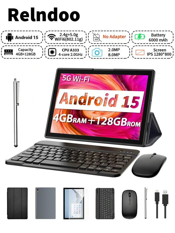 Relndoo 2025 Android 15 Tablet, 2-In-1 Tablets With Keyboard And Mouse,(4GB+20GB)RAM+128GB ROM,10 Inch Tablet With Laptop Case, Stylus, Data Cable,1280*800px HD Touchscreen, 2MP+8MP Dual Camera, A333 Quad-Core 2.0 GHz, 6000mAh Battery, Supports 1TB SD Expansion, 802.11n Wifi 2.4G/5G Wireless, GPS, Certified Tablet PC-Black