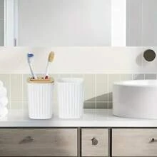 10 piezas Juego de accesorios de baño - Incluye soporte para cepillo de dientes, vaso para enjuague bucal, dispensador de jabón, bandeja, jabonera, dispensador de jabón, papelera de tipo prensa y soporte para cepillo de baño - Material de plástico duradero, perfecto para la decoración del baño moderno, construcción de plástico, juego de baño de hotel, regalo de inauguración de la casa