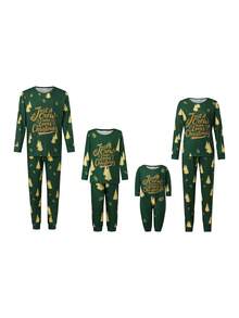 Family Matching Christmas Pajamas Set Tree And Letter Print Holiday Pajamas Sleepwear Dad Mom Kids PJs - 綠色 - 查看 2