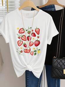 Women's Strawberry Print Casual T-Shirt Summer Fashion Graphic Tee For Ladies Comfortable Short Sleeve Top Perfect For Beach Party Or Everyday Wear - White - View 2