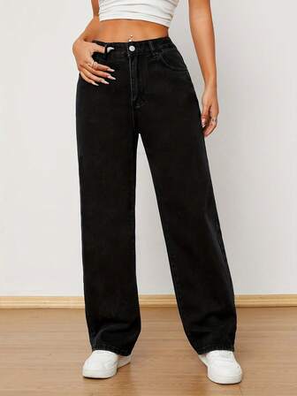 Teen Girl Black Straight Leg Jeans, Y2K Fashion Retro Style, Versatile For School, Casual, Party, All Season