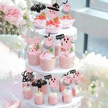 24 piezas de decoraciones para cupcakes de Halloween, con murciélagos, fantasmas y "Little Boo" en colores rosa y negro, para fiestas de Halloween, baby shower, cumpleaños y decoración de pasteles