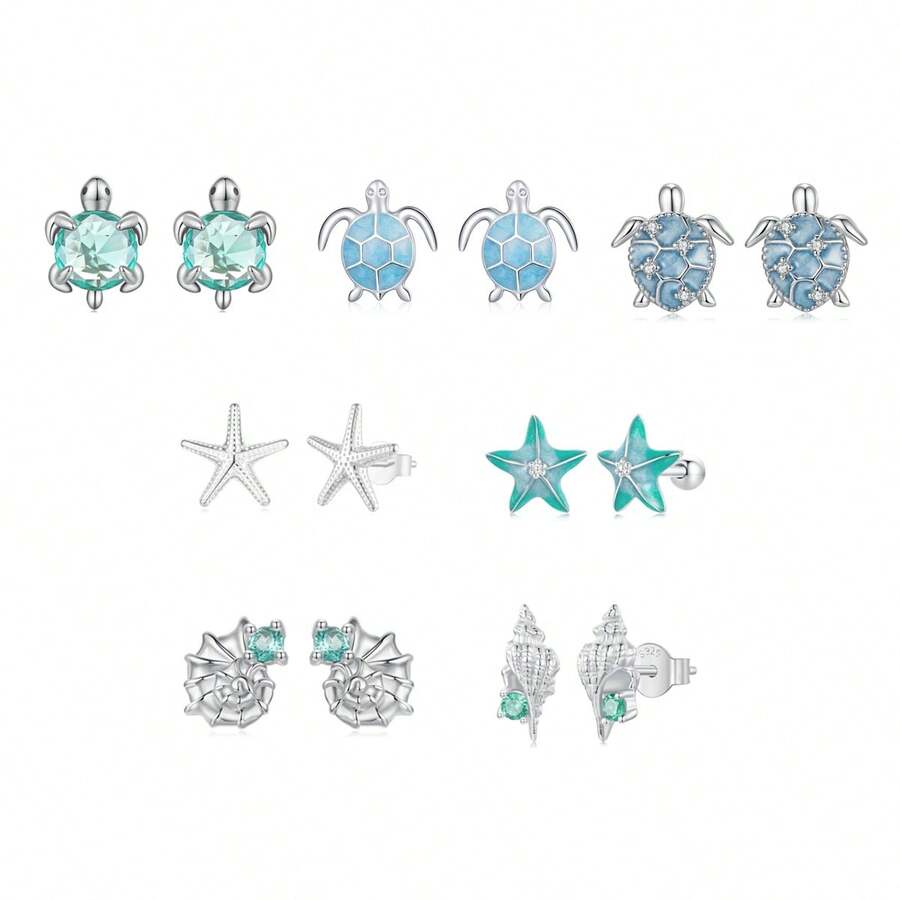 WOSTU WOSTU 1 pereche 925 Sterling Silver Life Stud Cercei cu țestoase marine cu CZ Cercei de vară la plajă pentru femei Bijuterii fine