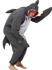 Adult Men's Cartoon Shark One-Piece Pajamas, Autumn And Winter Thickened Animal One-Piece Pajamas, Hooded Warm Home Clothes, Halloween Costumes, Christmas Role-Play Party Costumes - 深灰色 - 查看 6