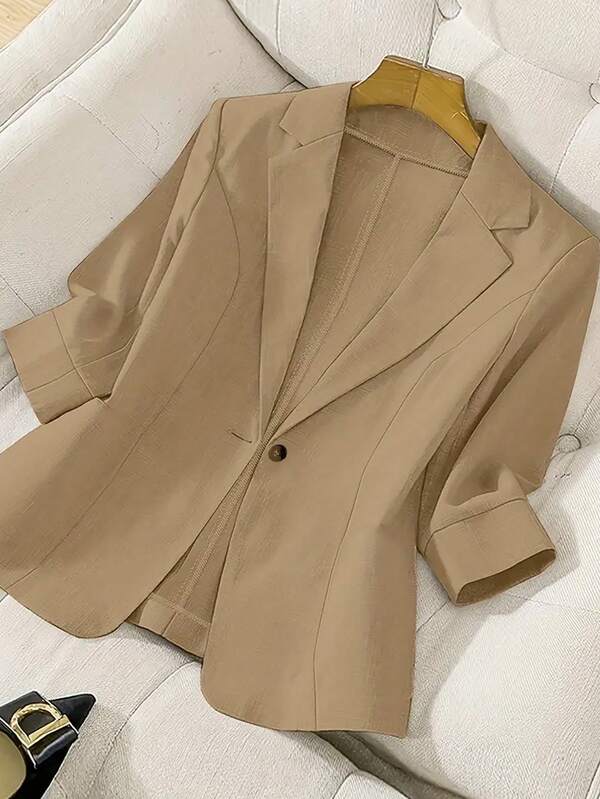 Women's Plus Size Stylish Brown Blazer - Polyester, Long Sleeve, Single Button, Pocket, Elegant Design For Spring/Summer, Casual Attire|Elegant Blazer|Polyester Blazer