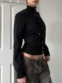 黑色单排扣立领女士休闲长袖外套，复古Y2K风格开衫，适合秋冬季穿着 - 黑色 - 查看 2
