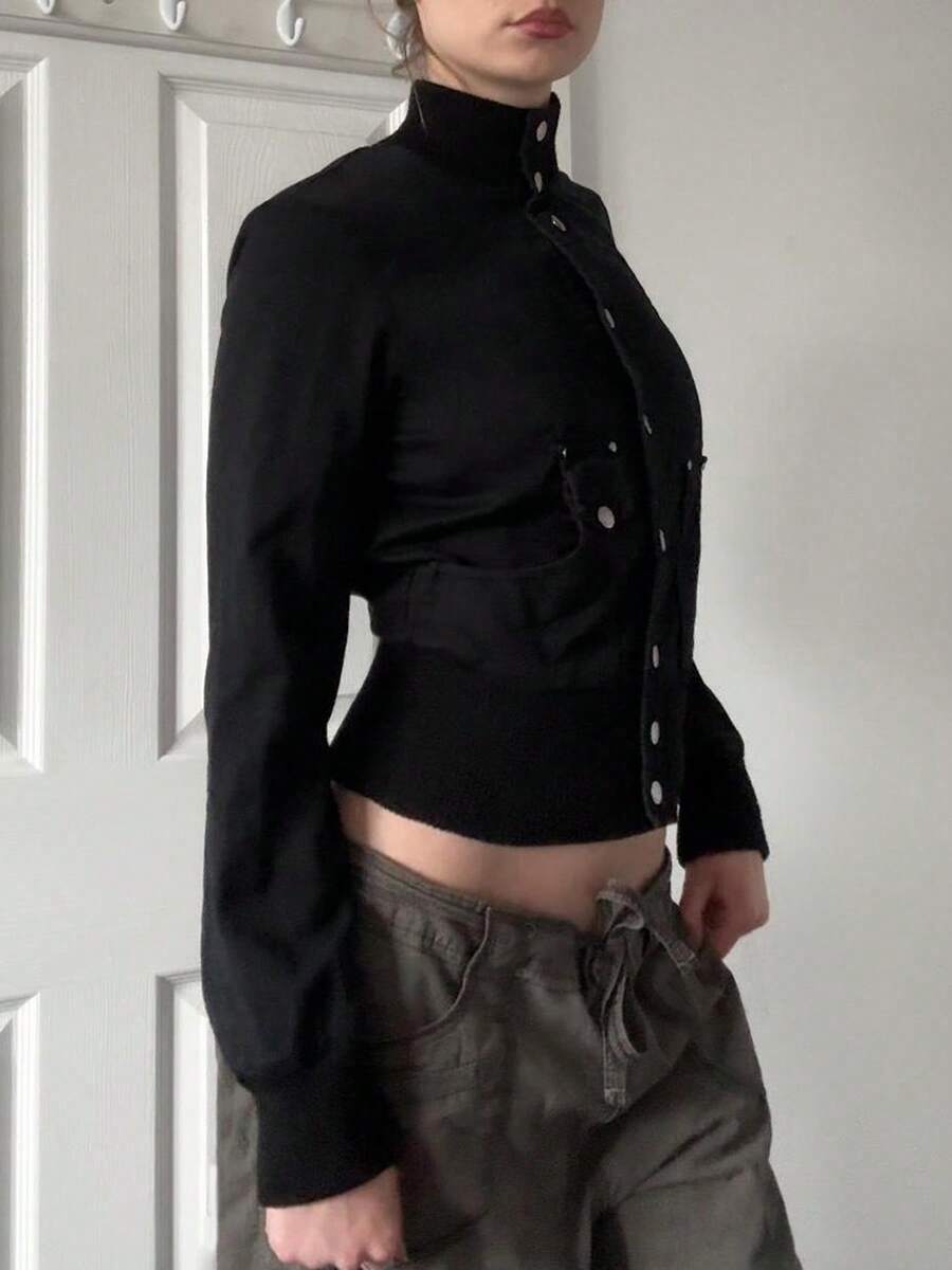 Black Single-Breasted Stand Collar Women's Casual Long Sleeve Jacket, Retro Y2K Style Cardigan For Autumn Spring - Black - View 1