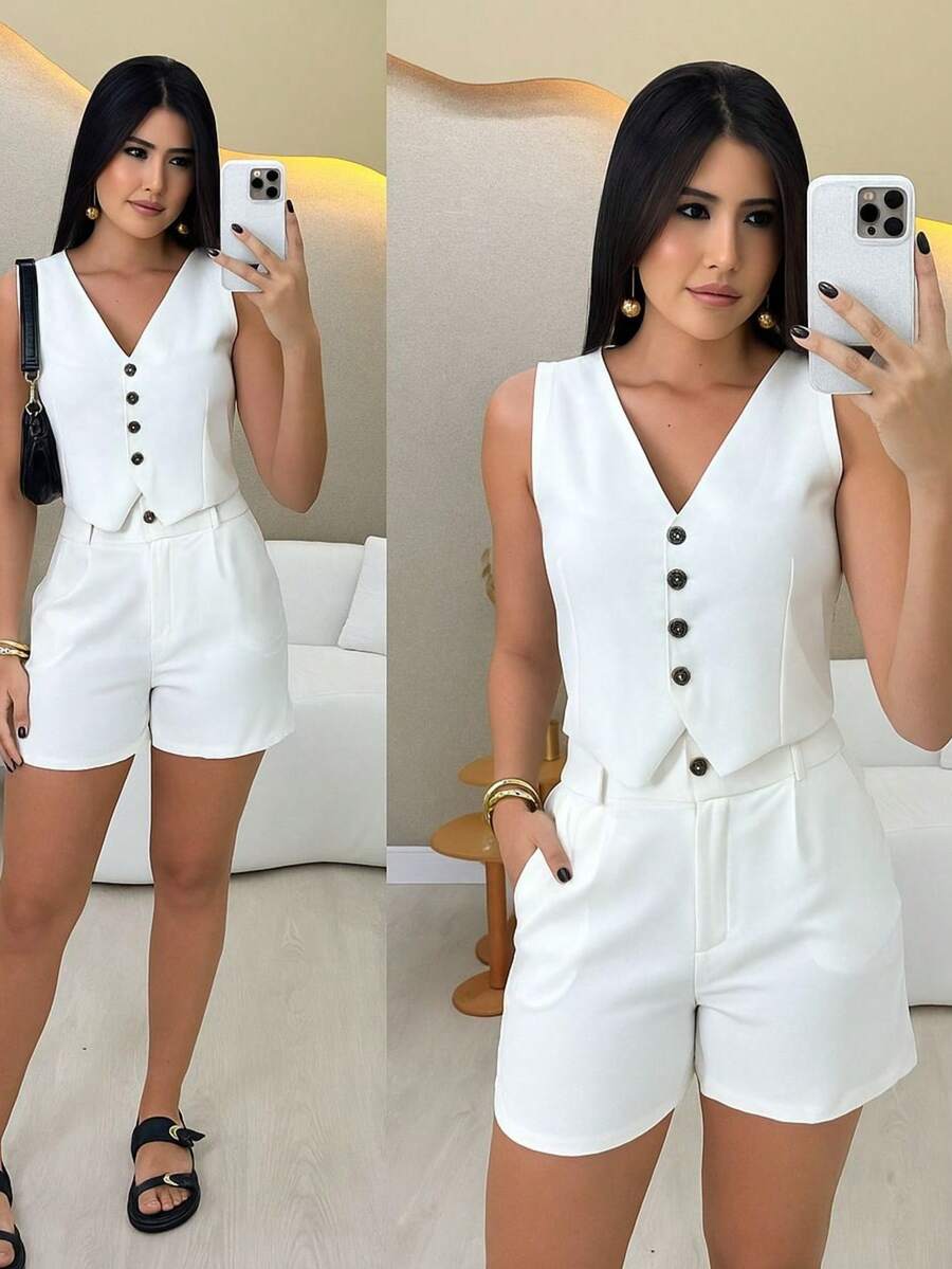 Women's Tailored Set: Vest And Formal Shorts - 白色 - 查看 1