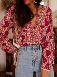 Corset Style Paisley Print Long Sleeve Casual Shirt For Women