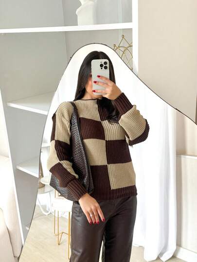 Blusa Feminino Tricot Xadres Inverno Trico Tendencia  Xadrez  Casual  Poliéster        Noite  Feriado  Casamento  Festa de aniversário  Formal e Noturno