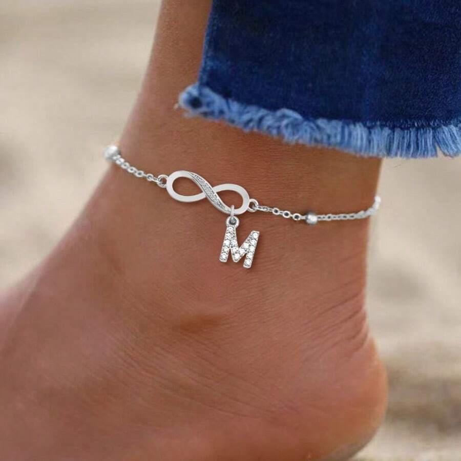 1pc Fashionable Infinity Symbol & Letter Stainless Steel Beaded Anklet, Women - Silver - View 1
