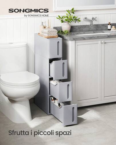 SONGMICS Carrello Stretto a 4 Cassetti, Carrellino, Larghezza 17,3 cm, Carrello da Bagno Cucina, Plastica PP, Compatto, 45,2 x 17,3 x 84 cm, Grigio